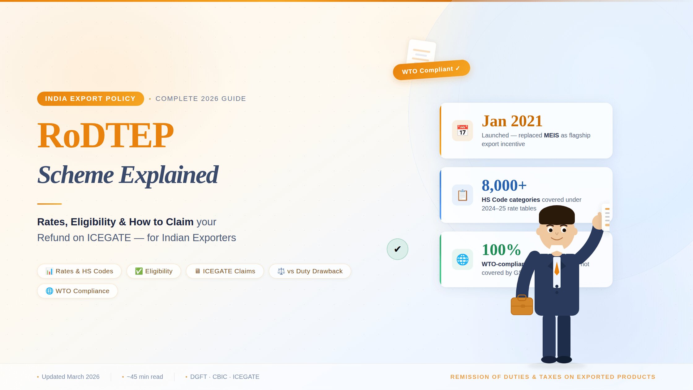 Blog banner for the RoDTEP Scheme 2026 complete guide — a business professional in a suit holds a briefcase and points to a document, set against a soft warm background, with the title "RoDTEP Scheme Explained" and three highlight cards showing launch date, HS code coverage, and WTO compliance.